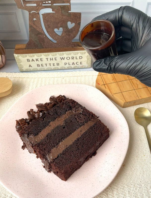 Fatia de Matilda Cake com calda de chocolate
